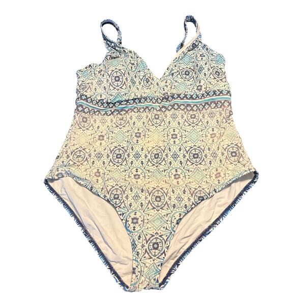 Jantzen Swimsuit One Piece Pantheon Blue White Geometric Size 16 - Picture 1 of 5